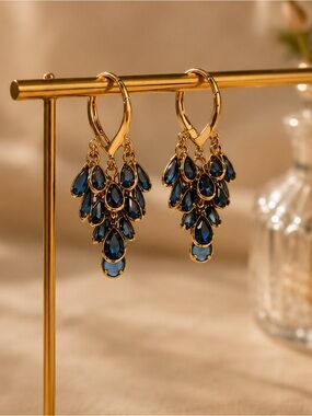Gold Tone Blue Crystal Chandelier Earrings Elegant Statement Drop Dangle